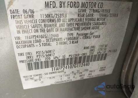 2007 Ford Five Hundred Sel z USA, uszkodzony, nr VIN 1FAFP24107G112440